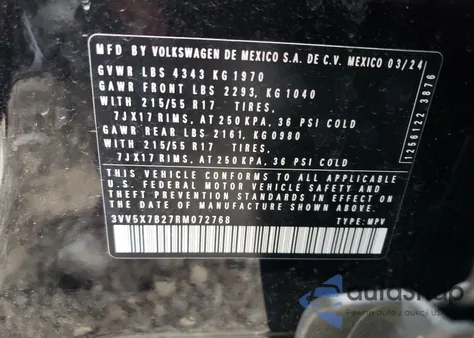 2024 Volkswagen Taos S z USA, uszkodzony, nr VIN 3VV5X7B27RM072768